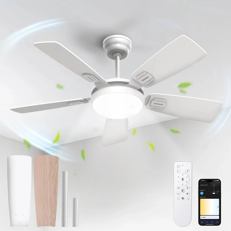 Modern Minimalist 5-Blade Ceiling Fan Light 42 /52 Black/White/Wood Grain Dimmable with Doodle App Ceiling Fan Light