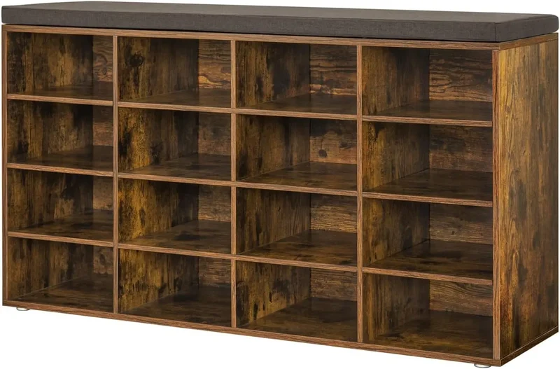 Shoe Storage Bench with Cushion, Cubby Shoe Rack with 12 Cubbies, Adjustable Shelves, Multifunctional Shoe Organizer Bench