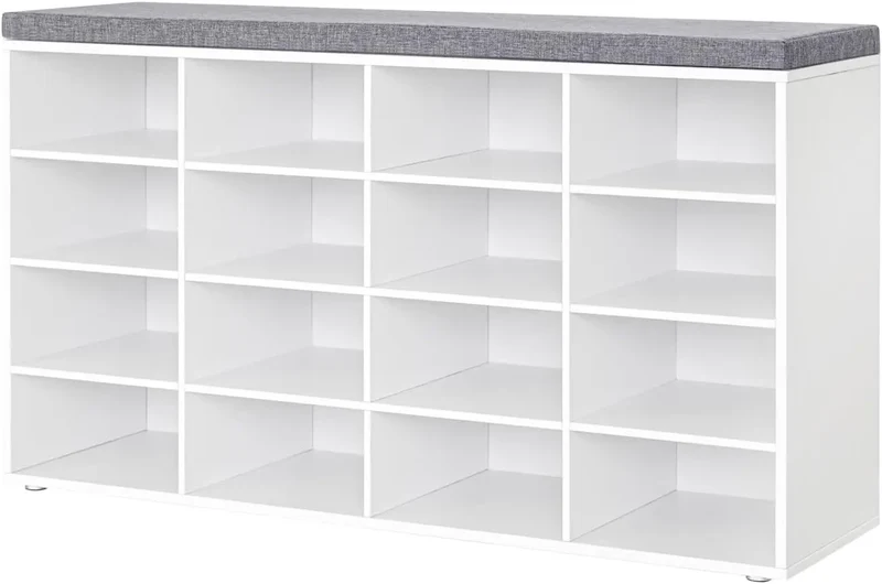 Shoe Storage Bench with Cushion, Cubby Shoe Rack with 12 Cubbies, Adjustable Shelves, Multifunctional Shoe Organizer Bench