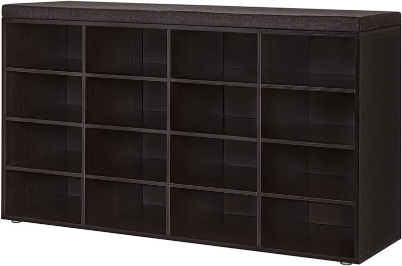 Shoe Storage Bench with Cushion, Cubby Shoe Rack with 12 Cubbies, Adjustable Shelves, Multifunctional Shoe Organizer Bench