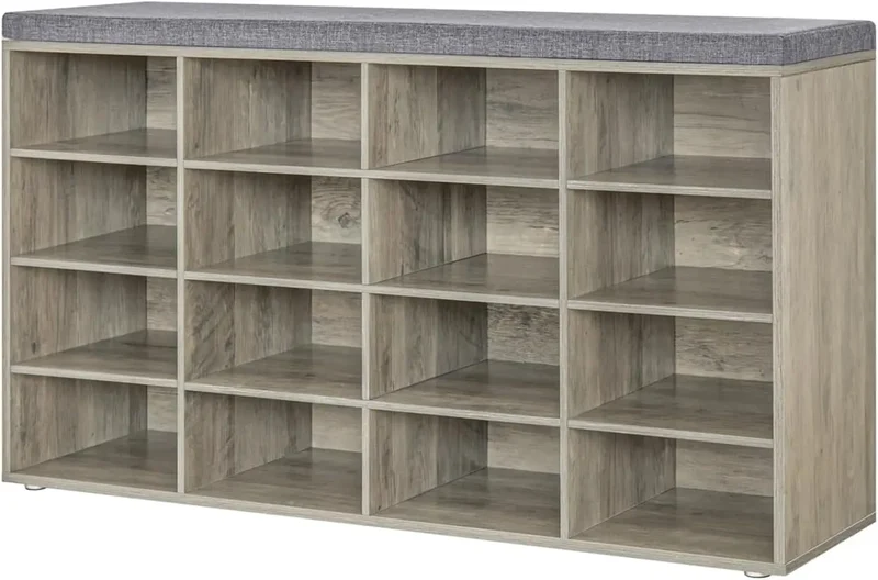 Shoe Storage Bench with Cushion, Cubby Shoe Rack with 12 Cubbies, Adjustable Shelves, Multifunctional Shoe Organizer Bench