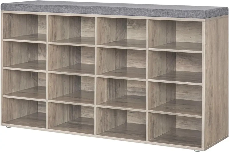 Shoe Storage Bench with Cushion, Cubby Shoe Rack with 12 Cubbies, Adjustable Shelves, Multifunctional Shoe Organizer Bench