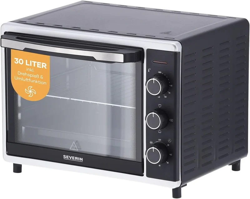 Severin Backofen TO 2056, 30 L Kapazität, Leistung 1.600 W, Back- und Toastofen mit Umluftfunktion, Mini mit Grillrost und Backblech, silber