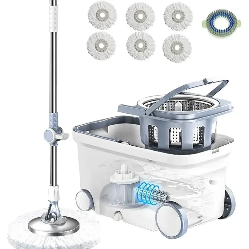 Spin Mop Bucket Deluxe 360 Spinning Floor Cleaning System with 6 Microfiber Replacement Head Refills,62" Extended Handle