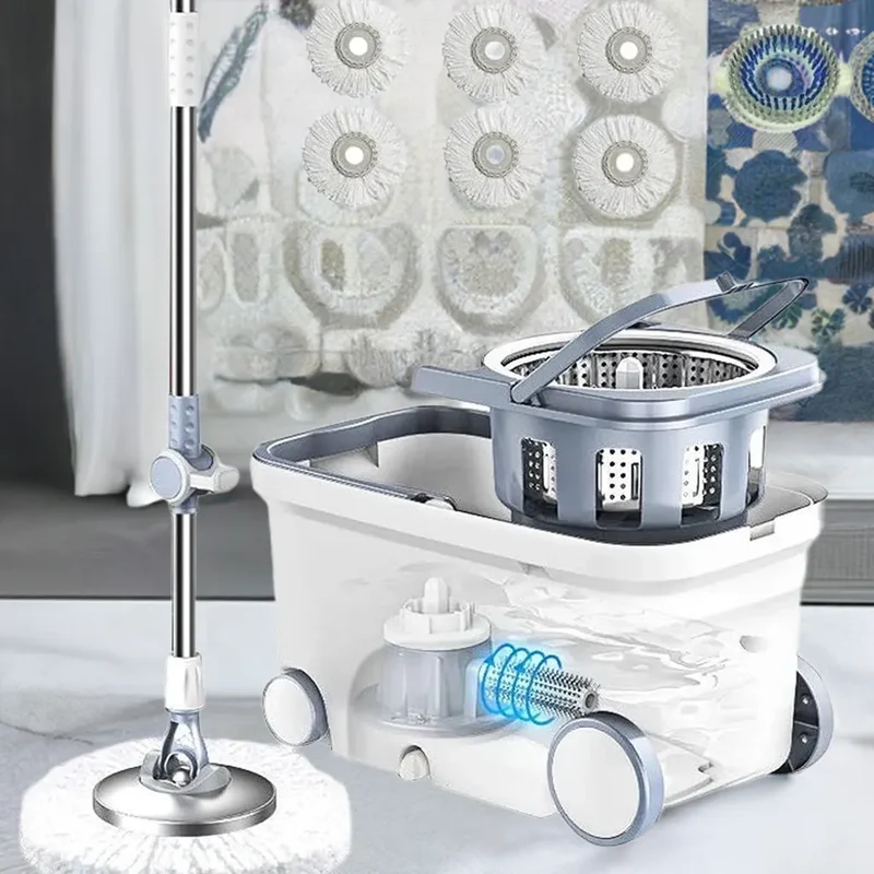 Spin Mop Bucket Deluxe 360 Spinning Floor Cleaning System with 6 Microfiber Replacement Head Refills,62" Extended Handle