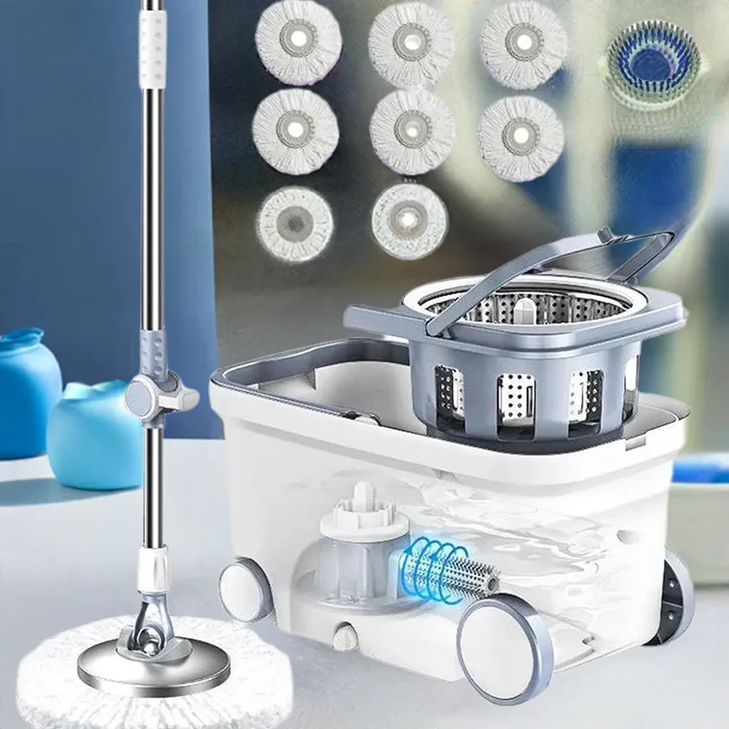 Spin Mop Bucket Deluxe 360 Spinning Floor Cleaning System with 6 Microfiber Replacement Head Refills,62" Extended Handle
