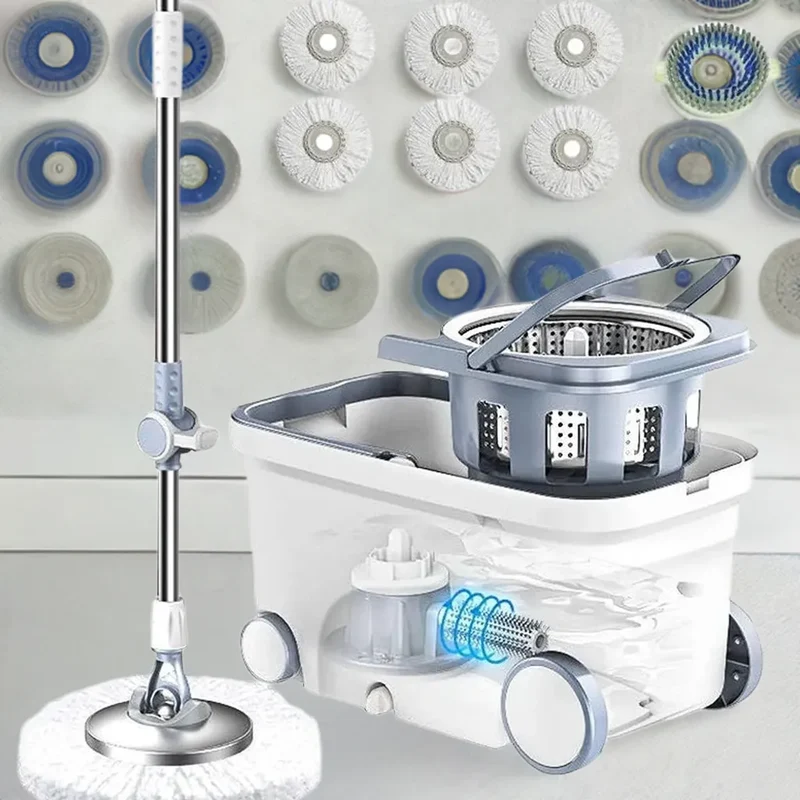 Spin Mop Bucket Deluxe 360 Spinning Floor Cleaning System with 6 Microfiber Replacement Head Refills,62" Extended Handle