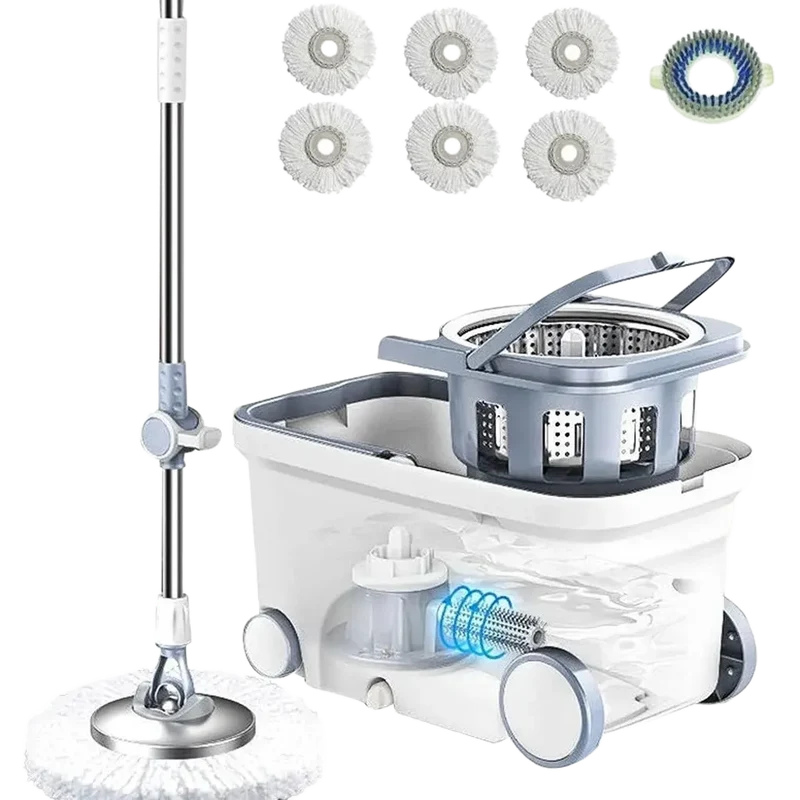 Spin Mop Bucket Deluxe 360 Spinning Floor Cleaning System with 6 Microfiber Replacement Head Refills,62" Extended Handle