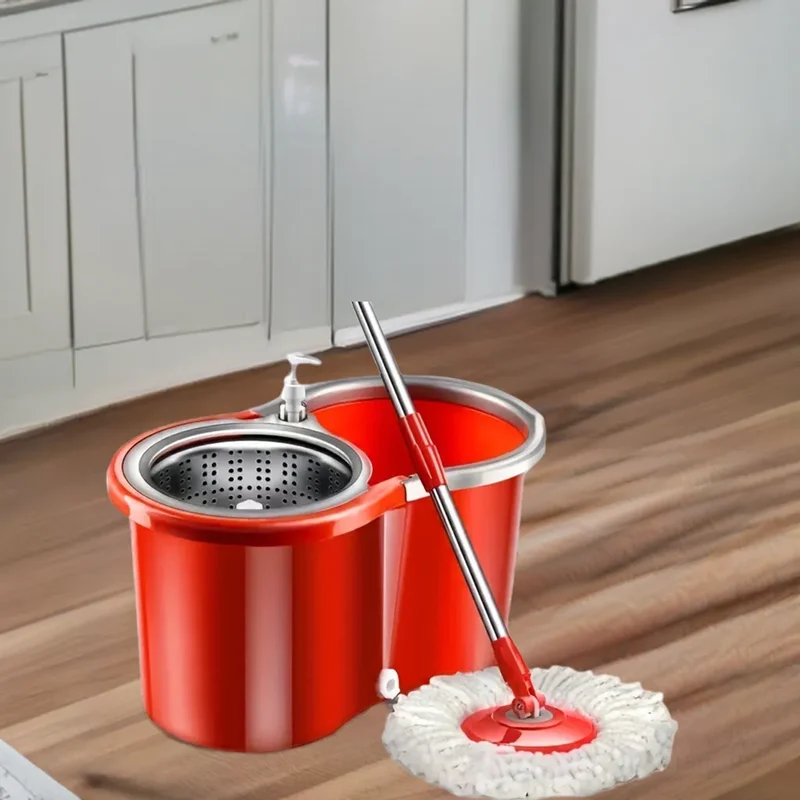 Household Stainless Steel Rod Spin Mop And Bucket Set With Total 3 Mop Heads, Household Rotating Floor Mop, Hands-free Wash Mop