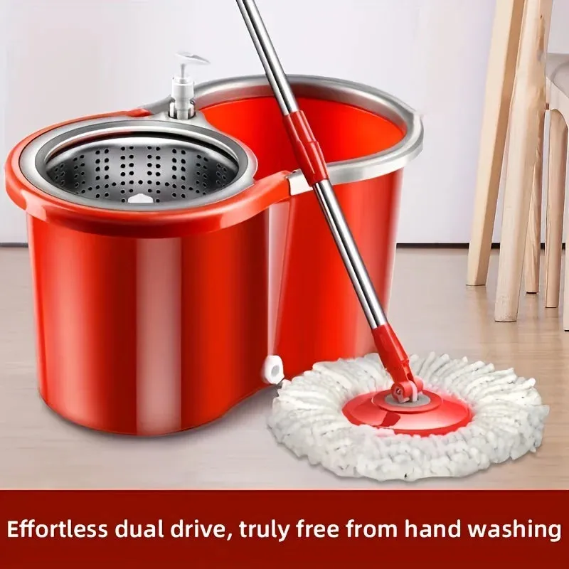 Household Stainless Steel Rod Spin Mop And Bucket Set With Total 3 Mop Heads, Household Rotating Floor Mop, Hands-free Wash Mop