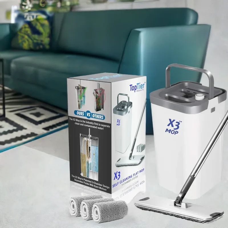 X3 Mop, Separates Dirty and Clean Water, 3-Chamber Design, Flat Mop and Bucket Set, Hands Free Home Floor Cleaning
