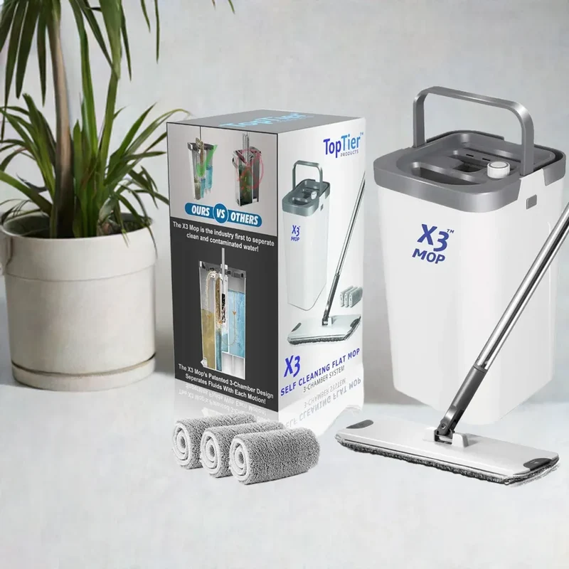 X3 Mop, Separates Dirty and Clean Water, 3-Chamber Design, Flat Mop and Bucket Set, Hands Free Home Floor Cleaning