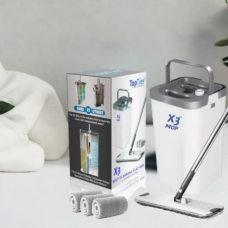 X3 Mop, Separates Dirty and Clean Water, 3-Chamber Design, Flat Mop and Bucket Set, Hands Free Home Floor Cleaning