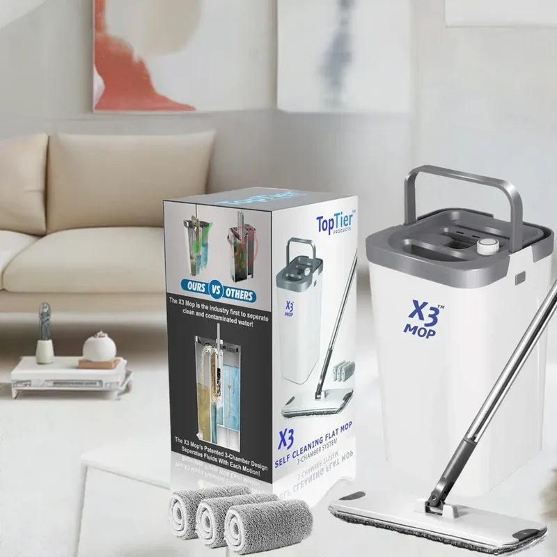X3 Mop, Separates Dirty and Clean Water, 3-Chamber Design, Flat Mop and Bucket Set, Hands Free Home Floor Cleaning