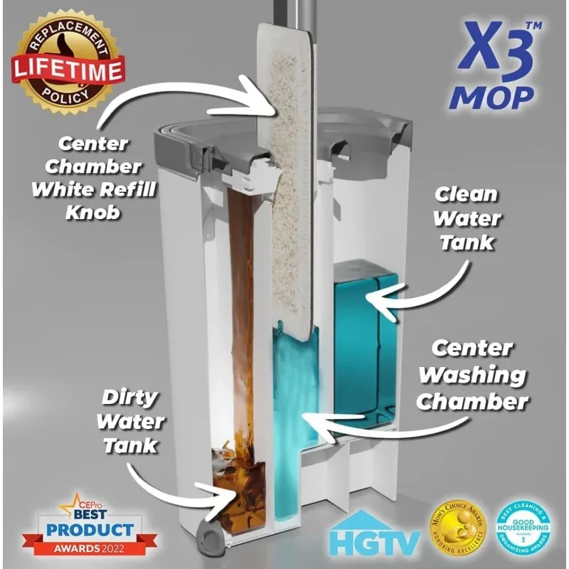 X3 Mop, Separates Dirty and Clean Water, 3-Chamber Design, Flat Mop and Bucket Set, Hands Free Home Floor Cleaning