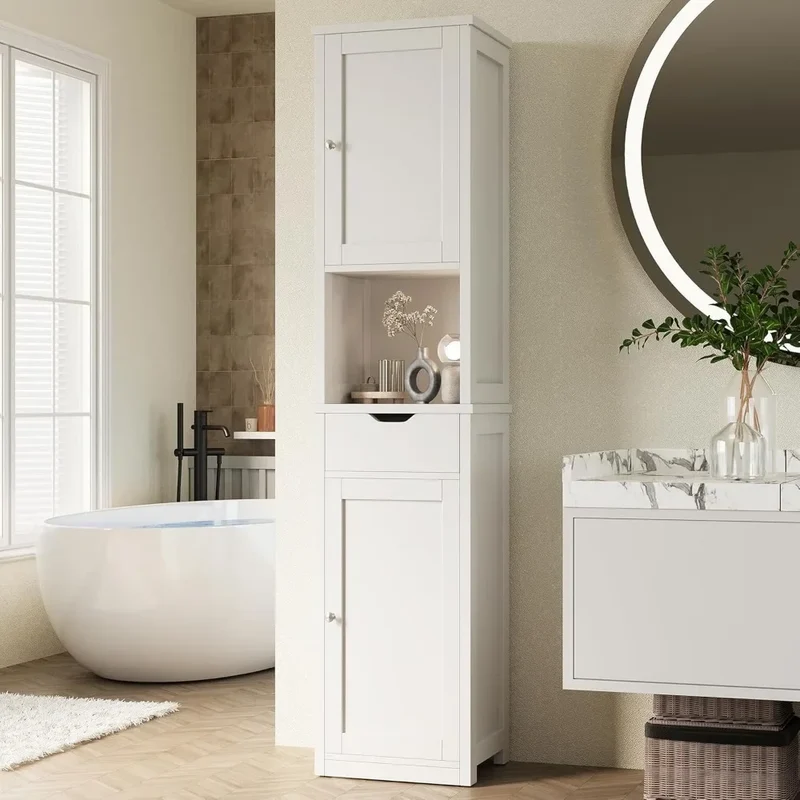 Bathroom Storage Cabinet, Slim Corner Floor Cabinet with Doors and Drawer, Freestanding Narrow Organizer with Adjustable Shelves