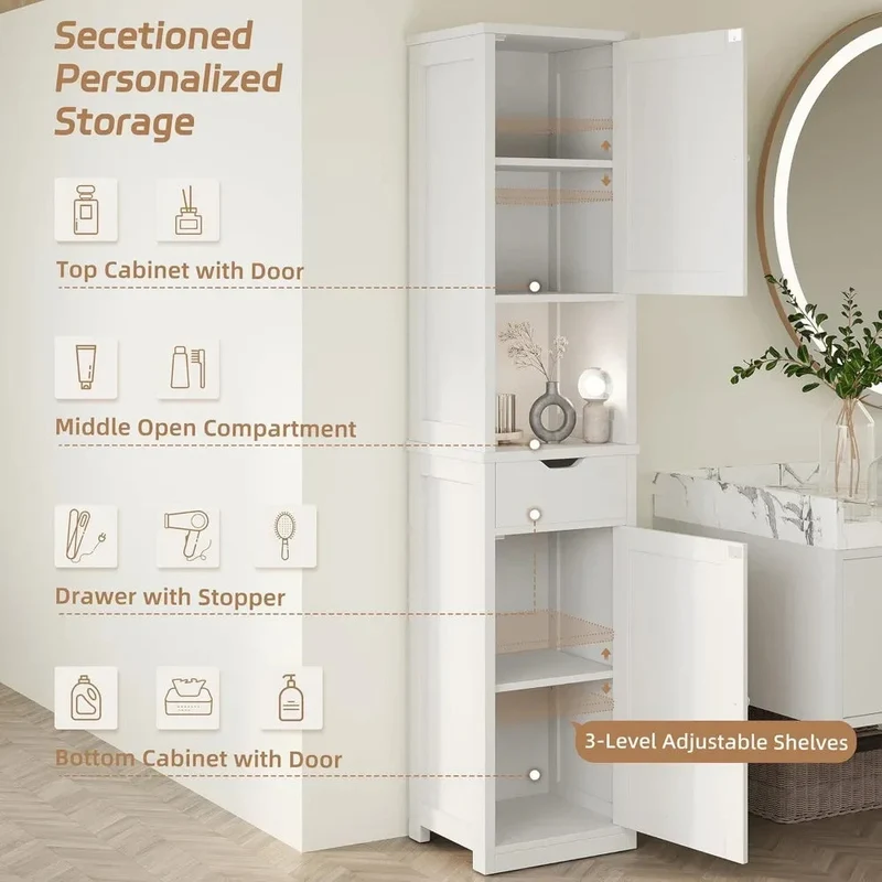 Bathroom Storage Cabinet, Slim Corner Floor Cabinet with Doors and Drawer, Freestanding Narrow Organizer with Adjustable Shelves