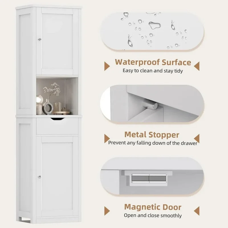 Bathroom Storage Cabinet, Slim Corner Floor Cabinet with Doors and Drawer, Freestanding Narrow Organizer with Adjustable Shelves