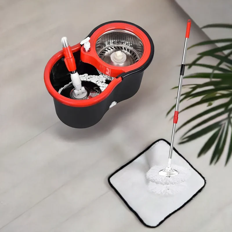 360° Spin Mop Bucket Sets with Wring System in 3 Microfiber Heads, Stainless Steel Basket 61" Extended Handle Floor Cleaning