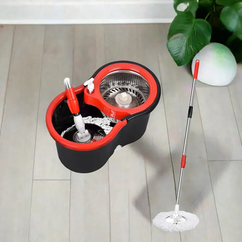 360° Spin Mop Bucket Sets with Wring System in 3 Microfiber Heads, Stainless Steel Basket 61" Extended Handle Floor Cleaning