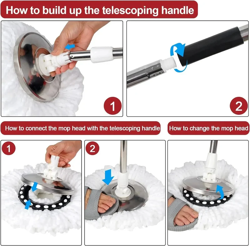 360° Spin Mop Bucket Sets with Wring System in 3 Microfiber Heads, Stainless Steel Basket 61" Extended Handle Floor Cleaning
