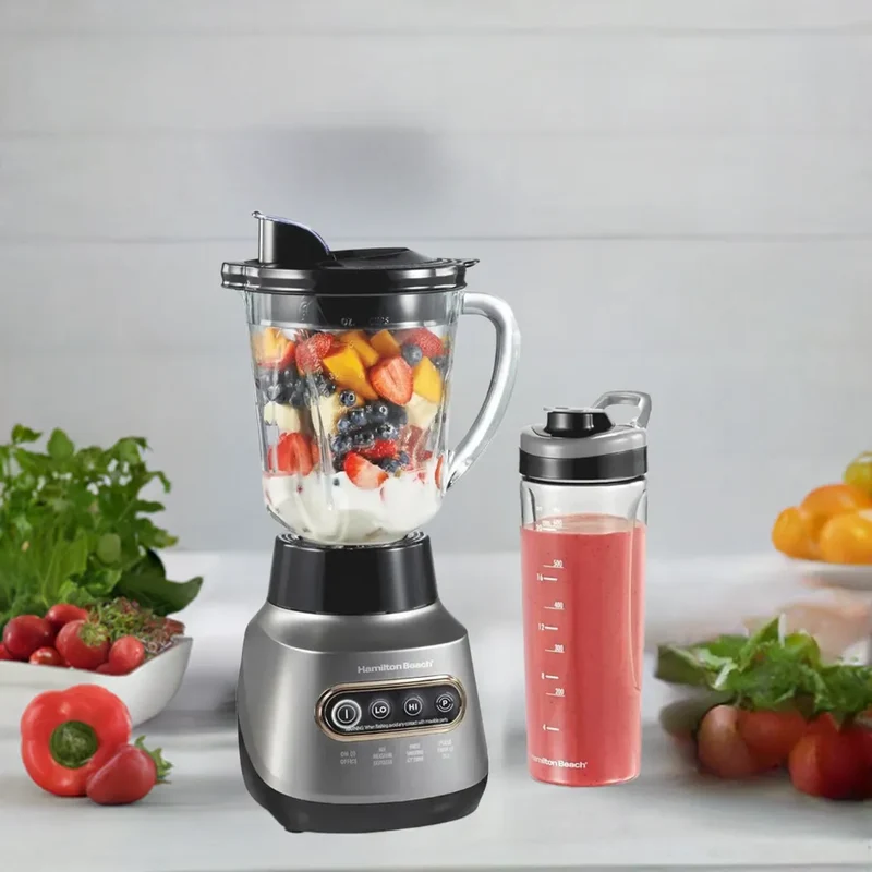 Juicer blender for Shakes and Smoothies, Stainless Steel Ice Sabre Blades, 40oz Glass Jar,20oz Blend-In Portable Travel Jar, Gray