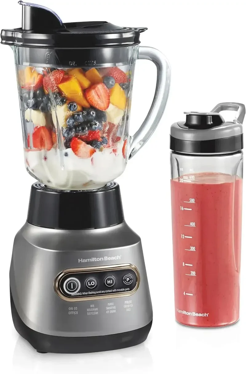 Juicer blender for Shakes and Smoothies, Stainless Steel Ice Sabre Blades, 40oz Glass Jar,20oz Blend-In Portable Travel Jar, Gray
