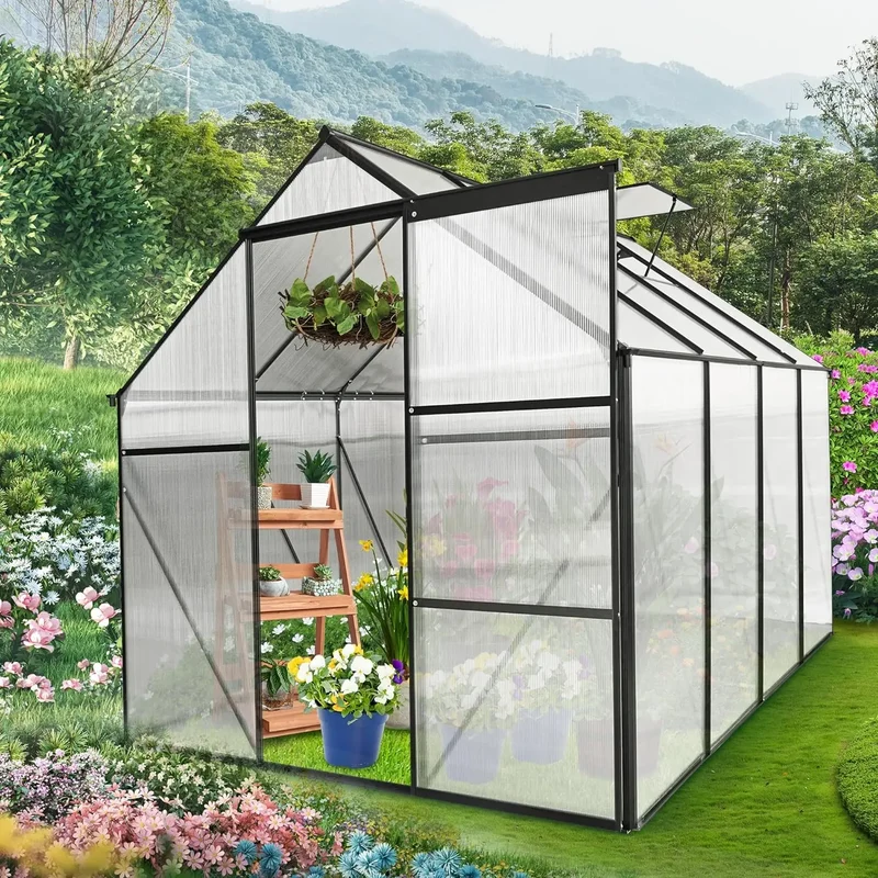 6x8Walk-in Greenhouse, Weatherproof Aluminum Hot House w/ Raised Base and Sliding Door & Vent for Outdoor Backyard, Black