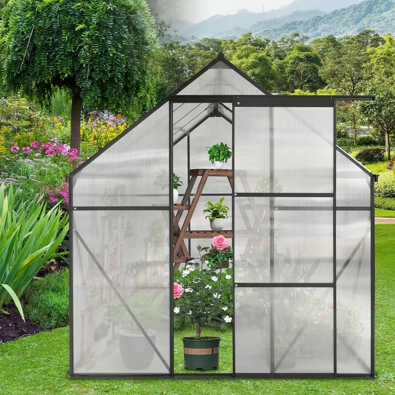6x8Walk-in Greenhouse, Weatherproof Aluminum Hot House w/ Raised Base and Sliding Door & Vent for Outdoor Backyard, Black