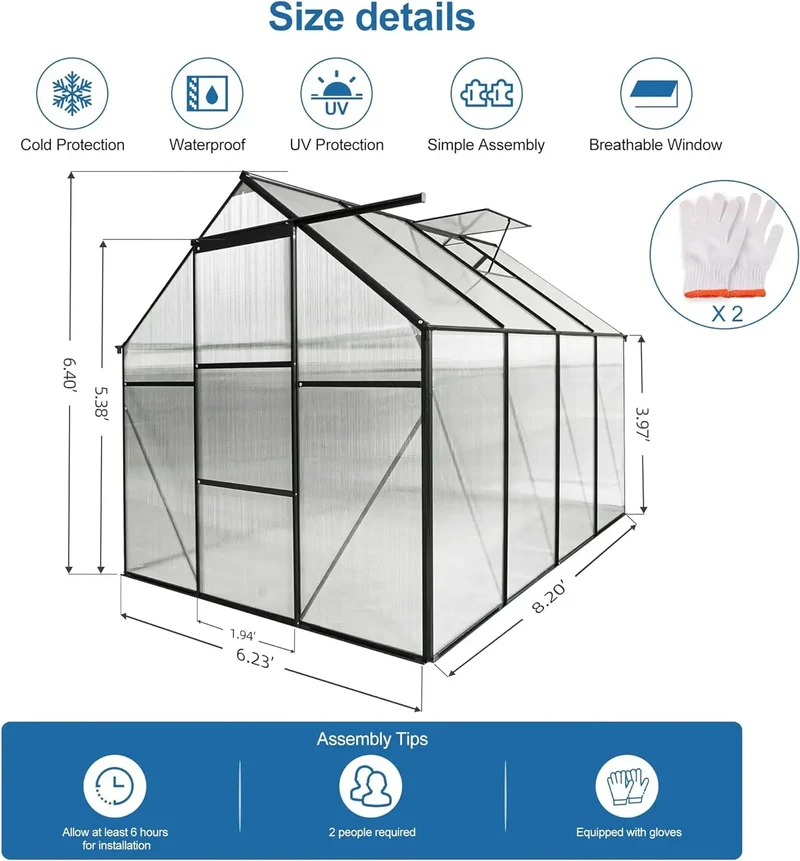 6x8Walk-in Greenhouse, Weatherproof Aluminum Hot House w/ Raised Base and Sliding Door & Vent for Outdoor Backyard, Black