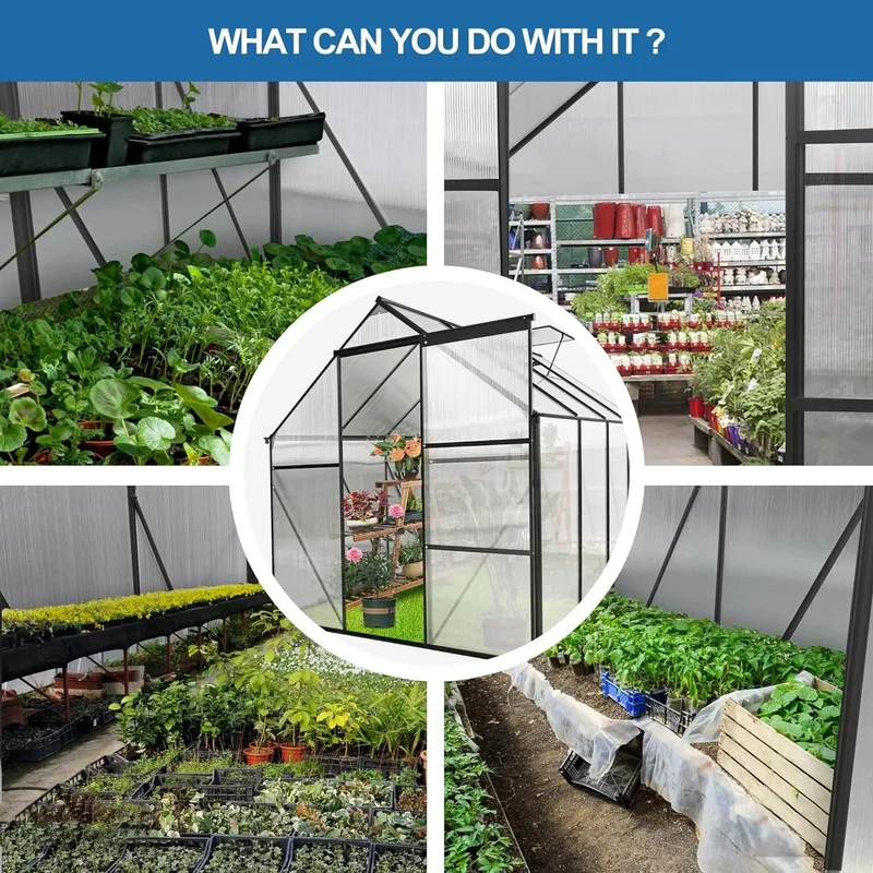6x8Walk-in Greenhouse, Weatherproof Aluminum Hot House w/ Raised Base and Sliding Door & Vent for Outdoor Backyard, Black