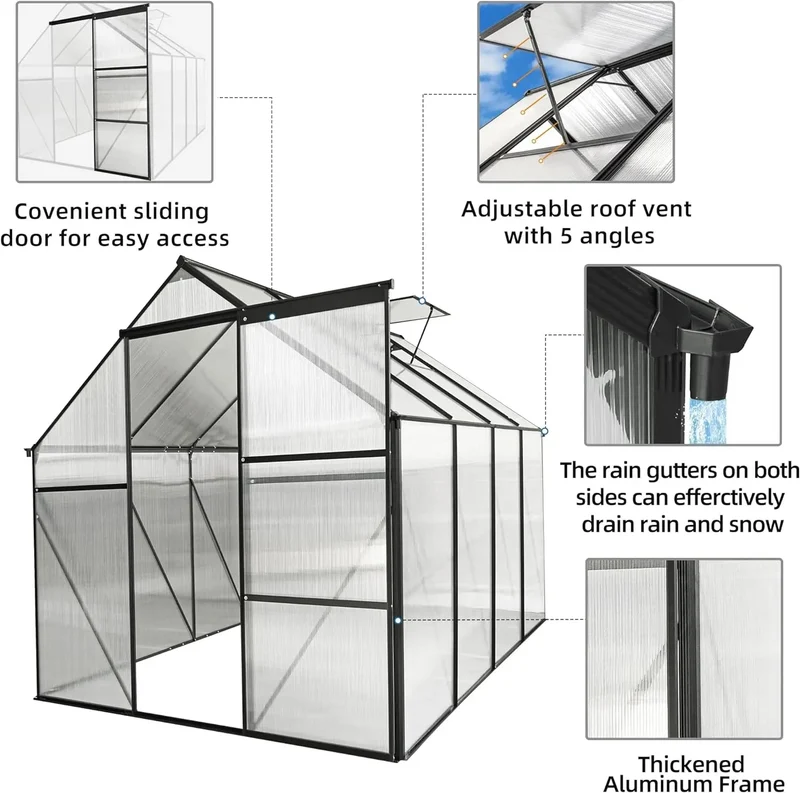 6x8Walk-in Greenhouse, Weatherproof Aluminum Hot House w/ Raised Base and Sliding Door & Vent for Outdoor Backyard, Black