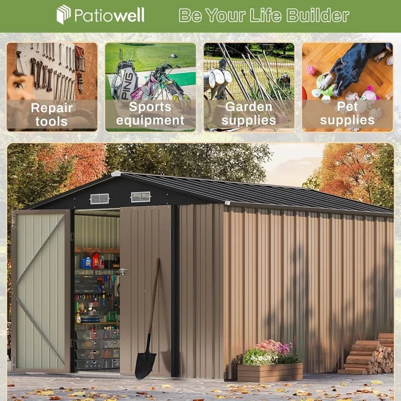8x10 FT Outdoor Storage Shed, Large Garden Tool Metal Shed with Sloping Roof and Double Lockable Door,Outdoor Shed for Backyard