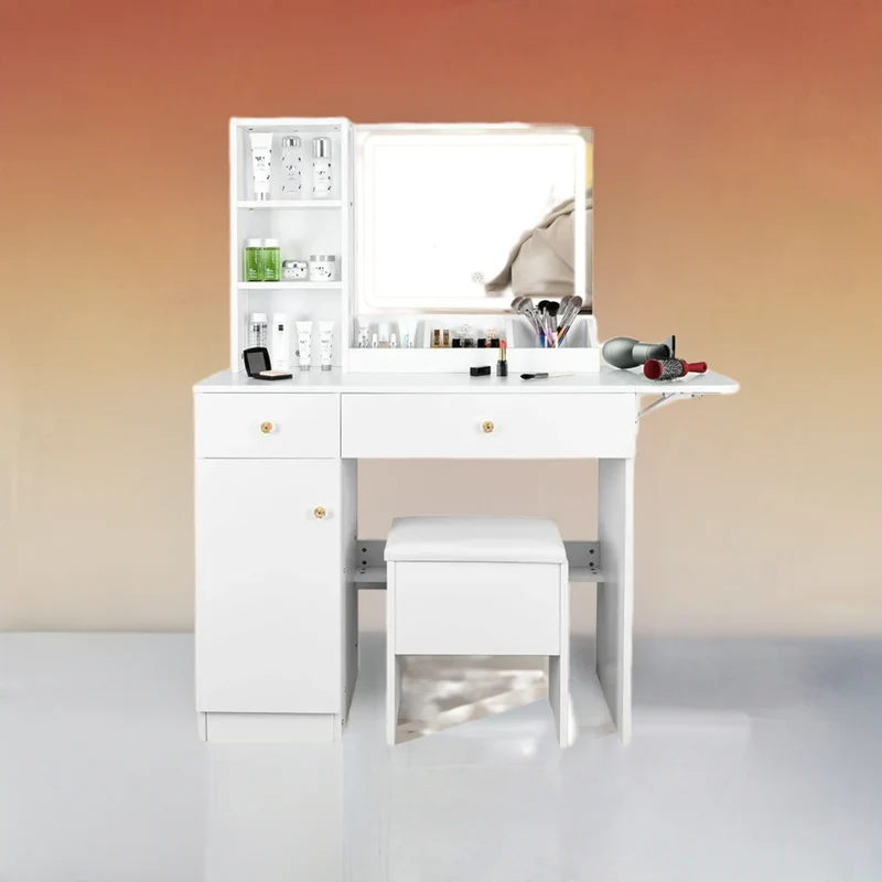 Dressing table with lights and mirrors,2drawers and a storage stool,3 lighting modes,for bedroom and bathroom use15.7Dx44Wx55.1H