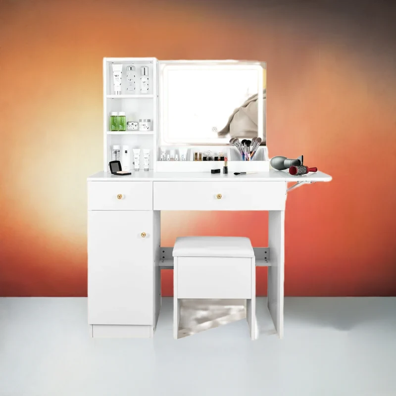 Dressing table with lights and mirrors,2drawers and a storage stool,3 lighting modes,for bedroom and bathroom use15.7Dx44Wx55.1H