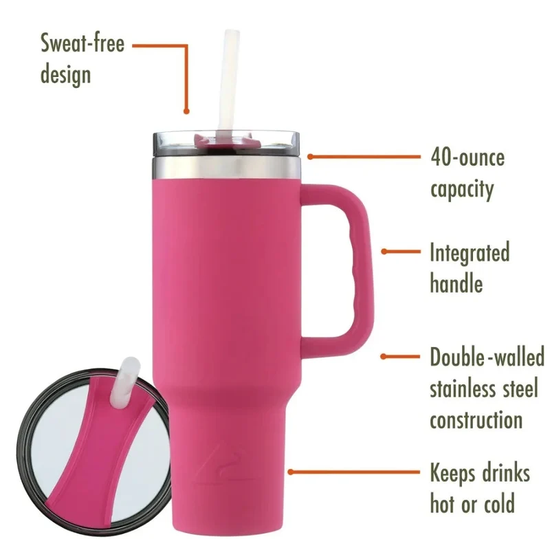 40 Oz Vacuumr-Insulated Stainless-Steel Tumbler with Handle Hot Pink Double-walled Stainless-steel Construction