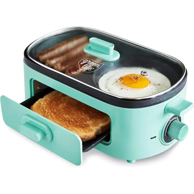 3-in-1 Breakfast Maker Station, Ceramic Nonstick Dual Griddles & Breakfast Sandwiches, 2 Slice Toast Drawer, Turquoise