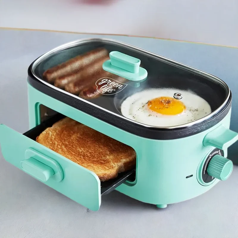 3-in-1 Breakfast Maker Station, Ceramic Nonstick Dual Griddles & Breakfast Sandwiches, 2 Slice Toast Drawer, Turquoise