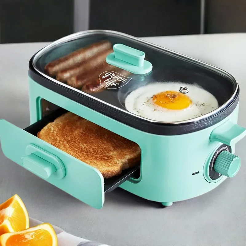 3-in-1 Breakfast Maker Station, Ceramic Nonstick Dual Griddles & Breakfast Sandwiches, 2 Slice Toast Drawer, Turquoise