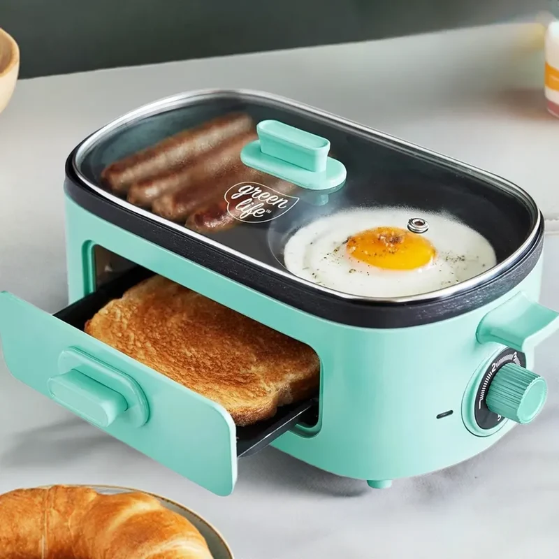3-in-1 Breakfast Maker Station, Ceramic Nonstick Dual Griddles & Breakfast Sandwiches, 2 Slice Toast Drawer, Turquoise