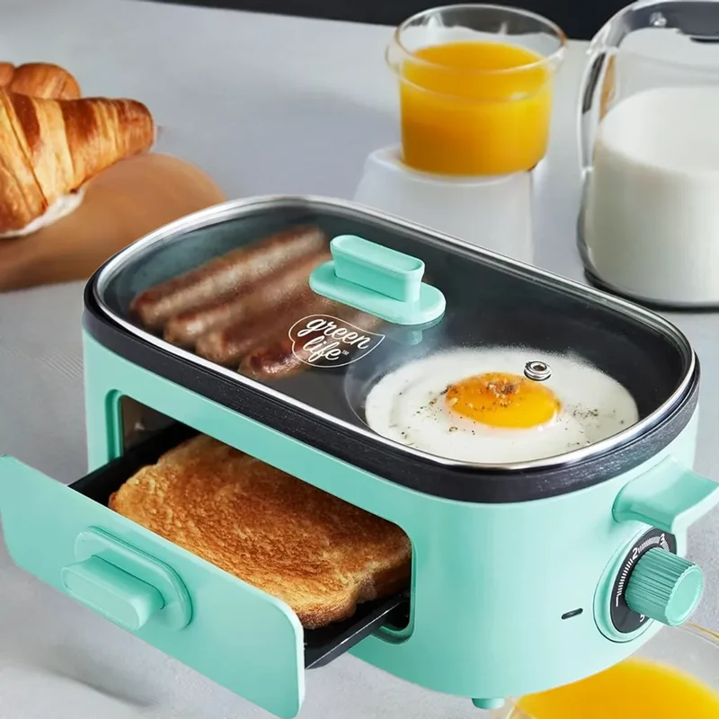 3-in-1 Breakfast Maker Station, Ceramic Nonstick Dual Griddles & Breakfast Sandwiches, 2 Slice Toast Drawer, Turquoise