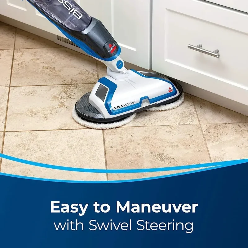 Lightweight SpinWave Hard Floor Spin Mop, with Soft-Touch Pads, 2 Scrubby Pads, Easy to Maneuver On-Demand Spray, White/Black