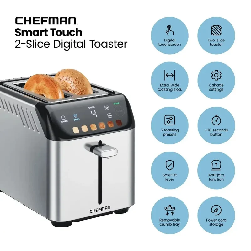 Smart Touch 2 Slice Digital Toaster, 6 Shade Settings, Stainless Steel, Removable Crumb Tray