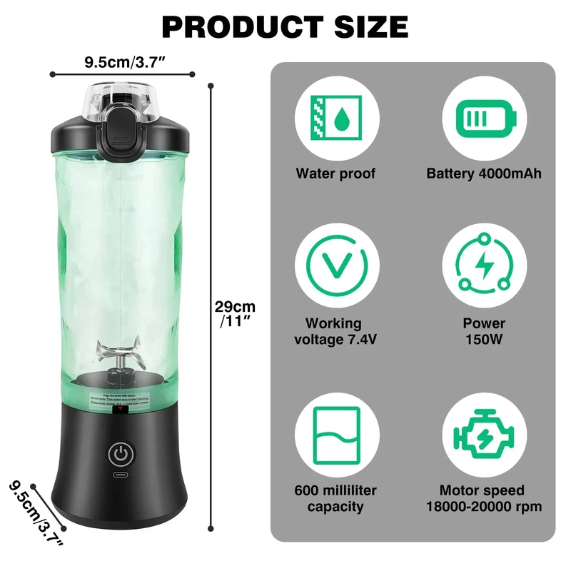 600ml USB Rechargeable Portable Mini Blender for Smoothies & Ice