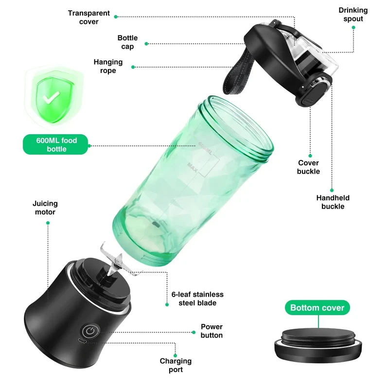 600ml USB Rechargeable Portable Mini Blender for Smoothies & Ice