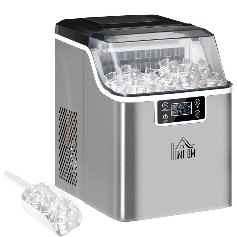 Homcom Eiswürfelmaschine, 20kg/24h, Ice Maker Edelstahl 24 Eiswürfel in 14-18 Min., Gewicht 20kg, Fassungsvermögen 3,2L Wassertank, für Küche, Büro
