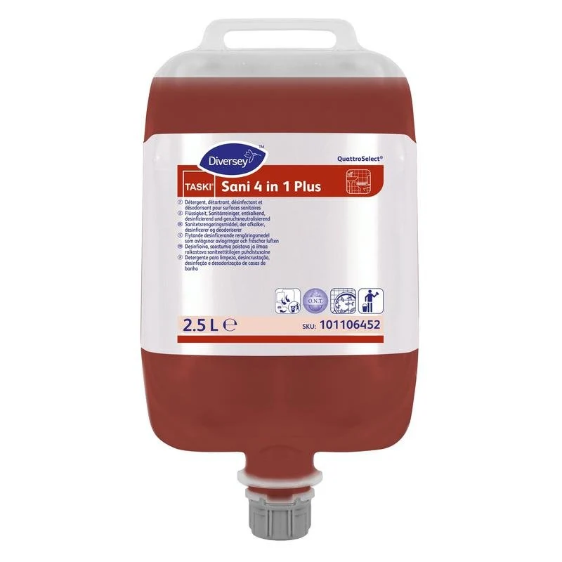 TASKI Sani 4 in 1 Plus, Flüssiger Sanitärreiniger, Reiniger, Entkalker, Desinfektion & Geruchsneutralisierer