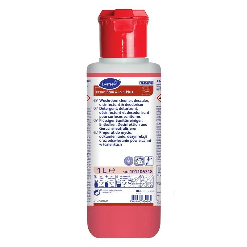 TASKI Sani 4 in 1 Plus, Flüssiger Sanitärreiniger, Reiniger, Entkalker, Desinfektion & Geruchsneutralisierer