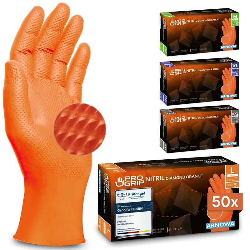 PROGRIP NITRIL DIAMOND ORANGE Reißfeste Einmalhandschuhe aus Nitril mit Diamantstruktur in Orange