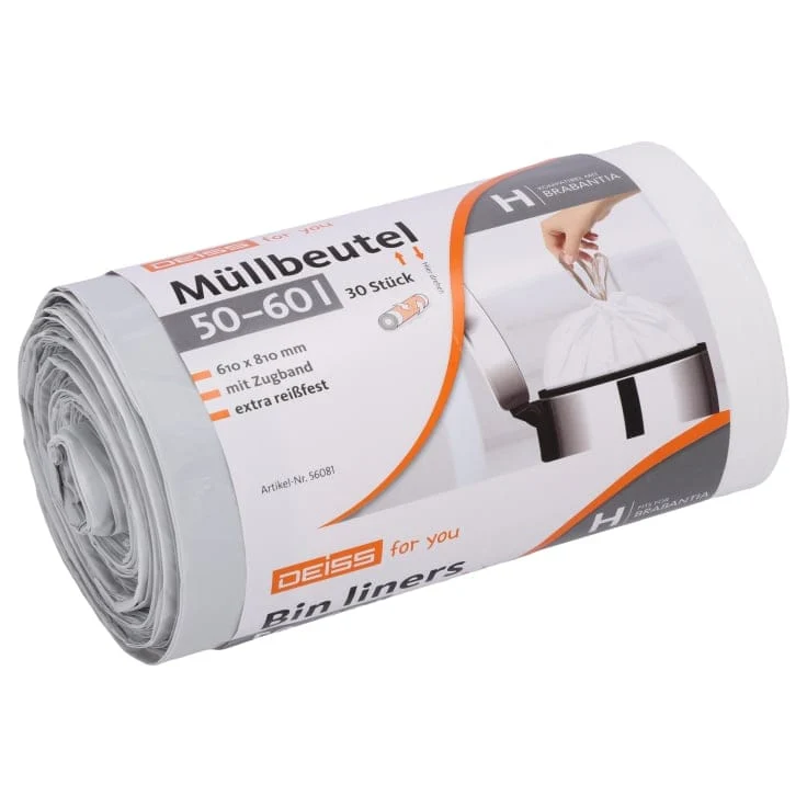 DEISS FOR YOU Müllbeutel 50-60 L mit grauem Zugband aus HDPE